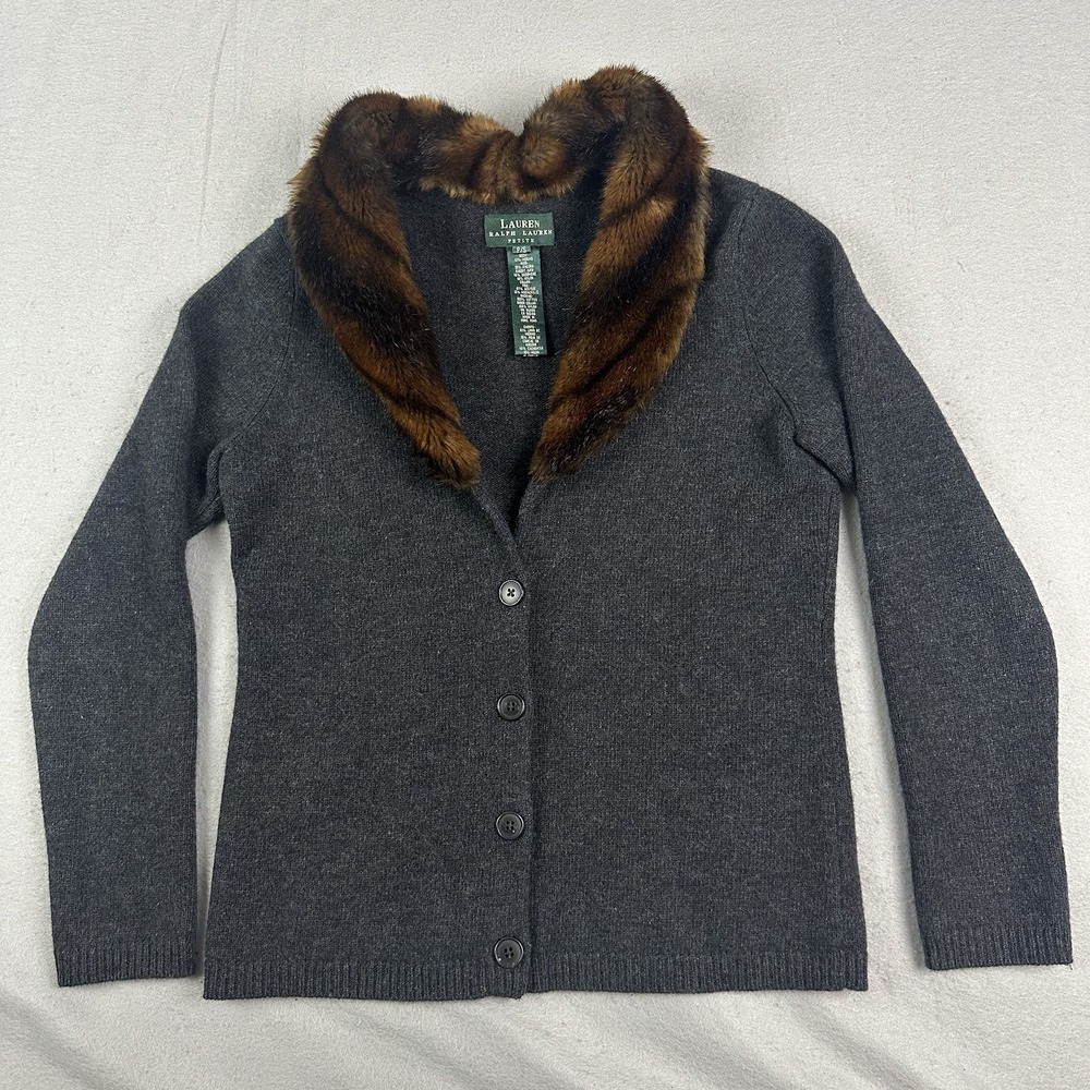 Ralph Lauren womens Sweater Cardigan P S Merino angora cashmere Shearling Collar
